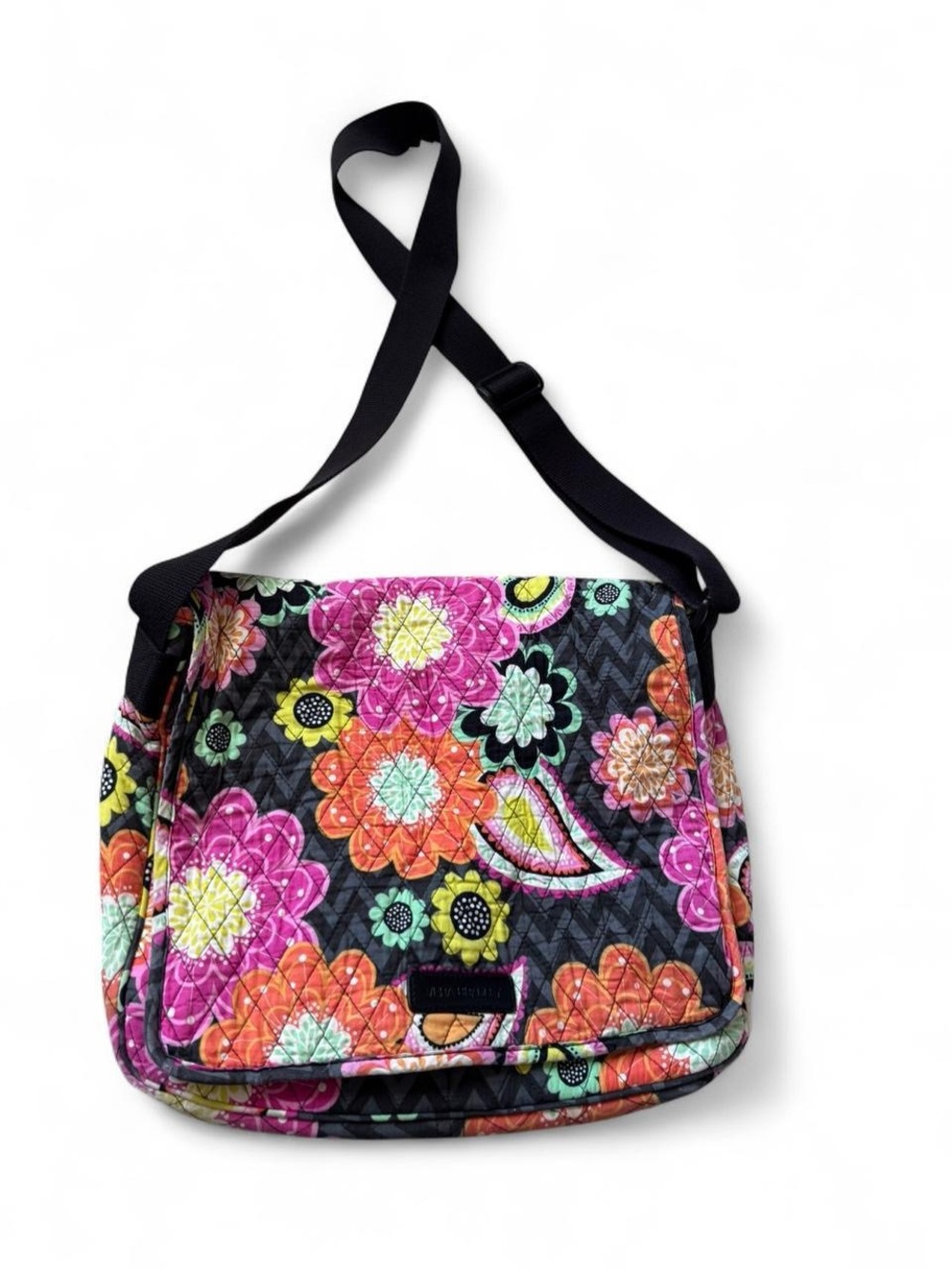 Vera Bradley Black Floral Quilted Messenger Crossbody with Pink Orange Accents
